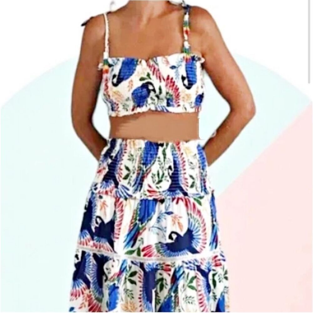 House of Harlow Blue White Toucan Smocked Beaded Tassel Crop Bandeau Top Large